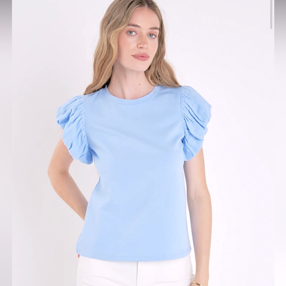 English Factory MIXED MEDIA T-SHIRT Size XS Powder Blue NWT - Picture 2 of 10